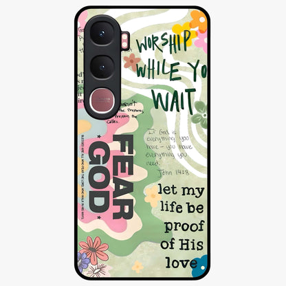 Faith Over Fear Glass Case showing flat back view with motivational typography artwork and glossy glass finish.