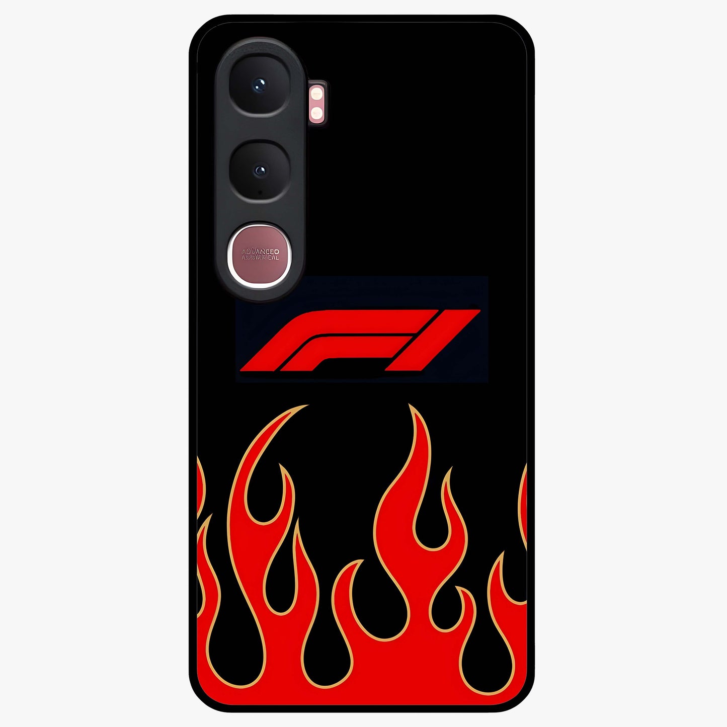 Fire F11 Glass Case showing flat back view with fiery themed artwork and glossy glass finish.