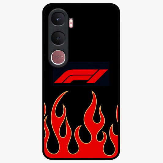 Fire F11 Glass Case showing flat back view with fiery themed artwork and glossy glass finish.