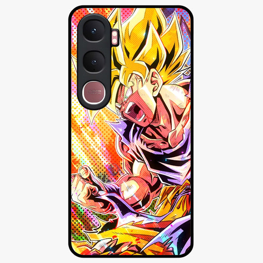 Firing Goku Glass Case showing flat back view with powerful anime inspired artwork and glossy glass finish.