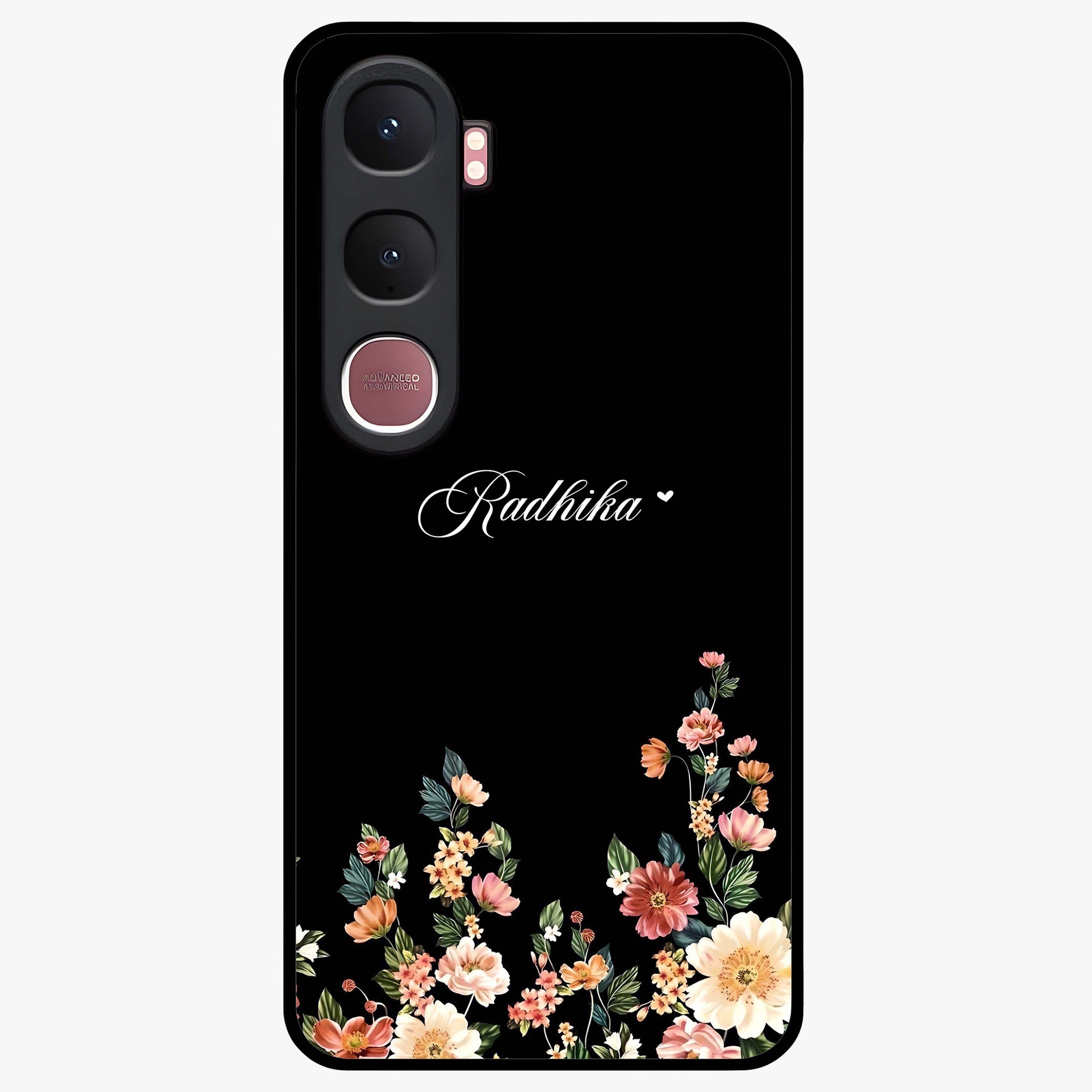 Floral Design With a Custom Personalized Name Glass Case showing flat back view with floral artwork and personalized name design.