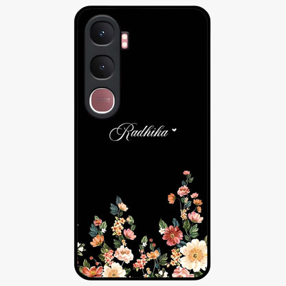 Floral Design With a Custom Personalized Name Glass Case showing flat back view with floral artwork and personalized name design.