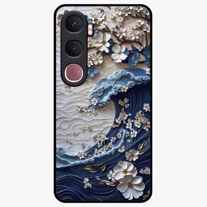 Floral Wave Origami Glass Case showing flat back view with origami inspired floral wave artwork and glossy glass finish.