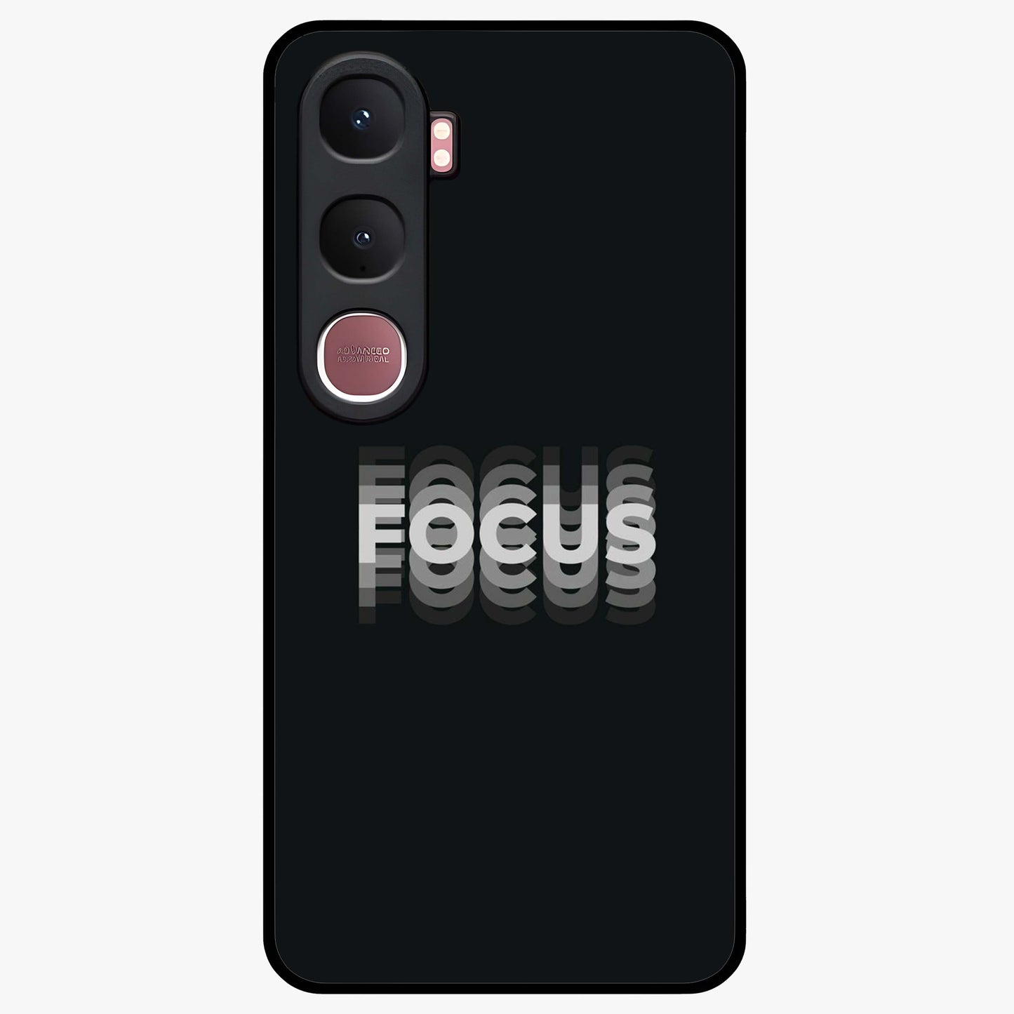 Focus Mode On Glass Case showing flat back view with bold motivational typography design and glossy glass finish.