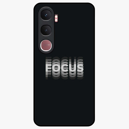 Focus Mode On Glass Case showing flat back view with bold motivational typography design and glossy glass finish.