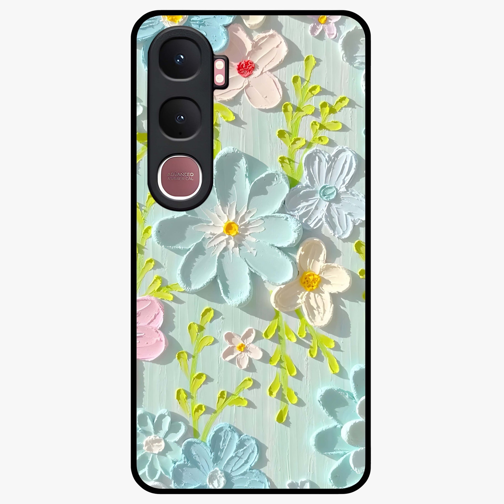 Frosted Petal Garden Glass Case showing flat back view with soft frosted floral artwork and glossy glass finish.