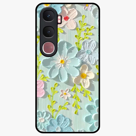 Frosted Petal Garden Glass Case showing flat back view with soft frosted floral artwork and glossy glass finish.