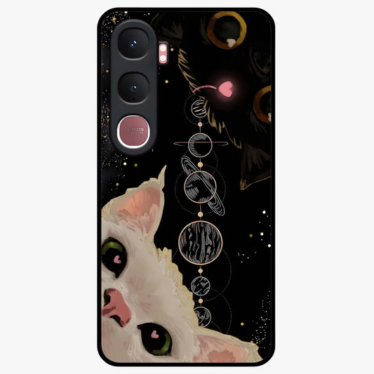 Galactic Cat Glass Case showing flat back view with cosmic cat artwork and glossy glass finish.
