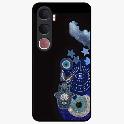 Galactic Charm Cluster Glass Case showing flat back view with glowing celestial charm artwork and glossy glass finish.