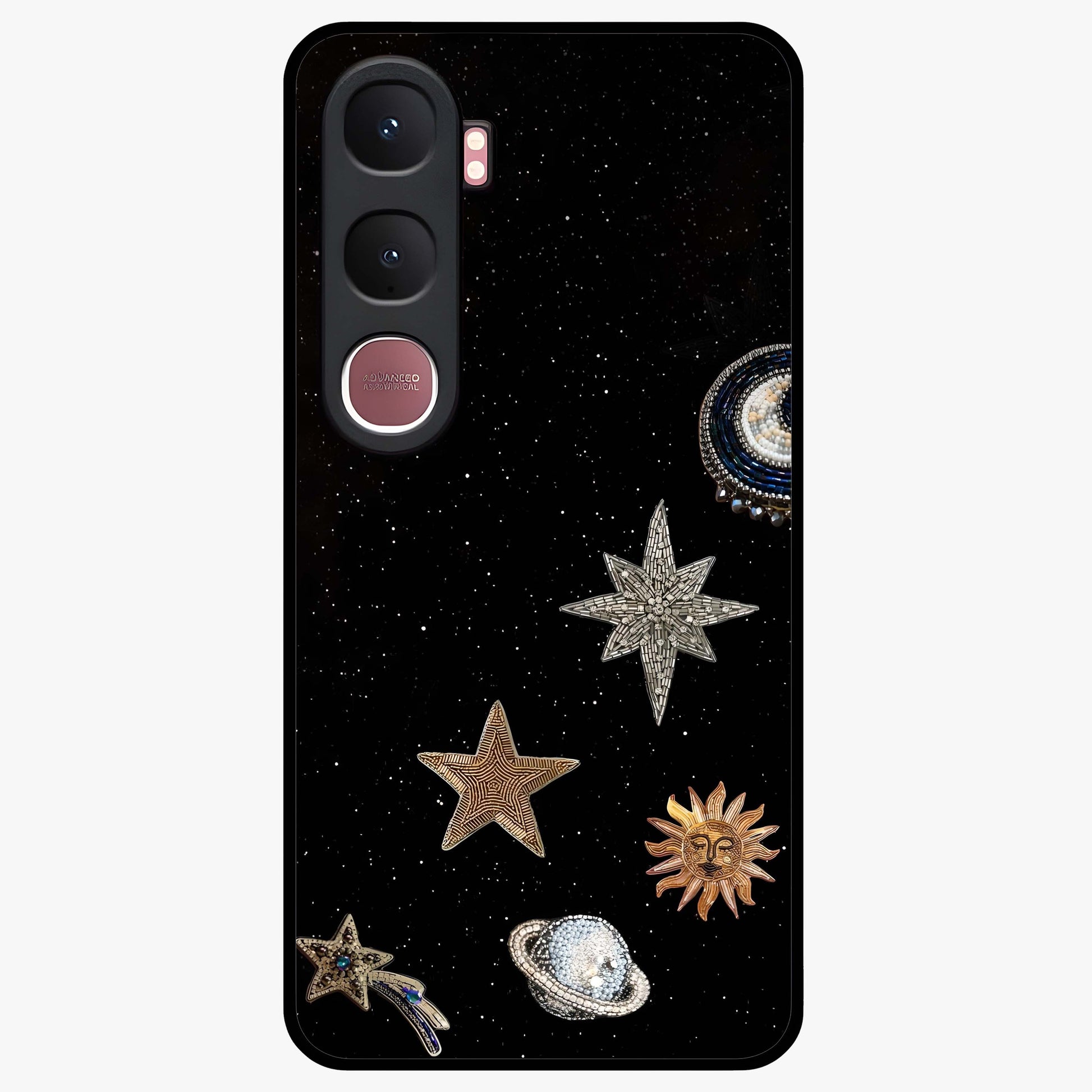 Galactic Charm Glow Glass Case showing flat back view with glowing celestial charm artwork and glossy glass finish.