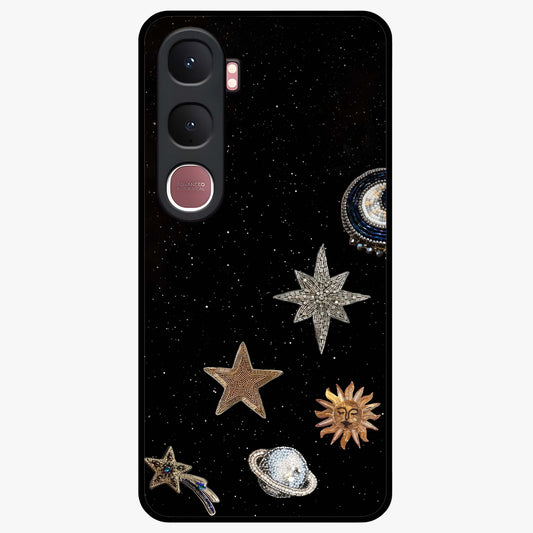 Galactic Charm Glow Glass Case showing flat back view with glowing celestial charm artwork and glossy glass finish.