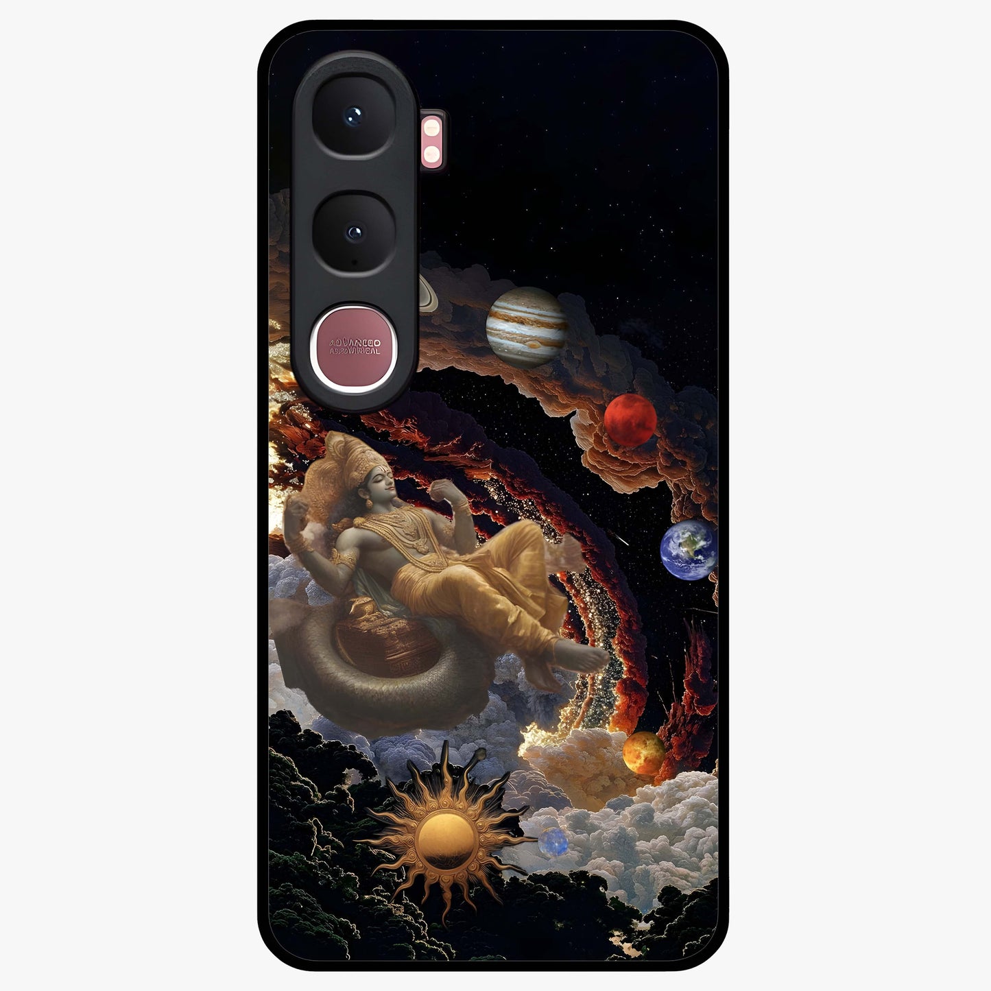 Galactic Divine God Glass Case showing flat back view with divine cosmic themed artwork and glossy glass finish.
