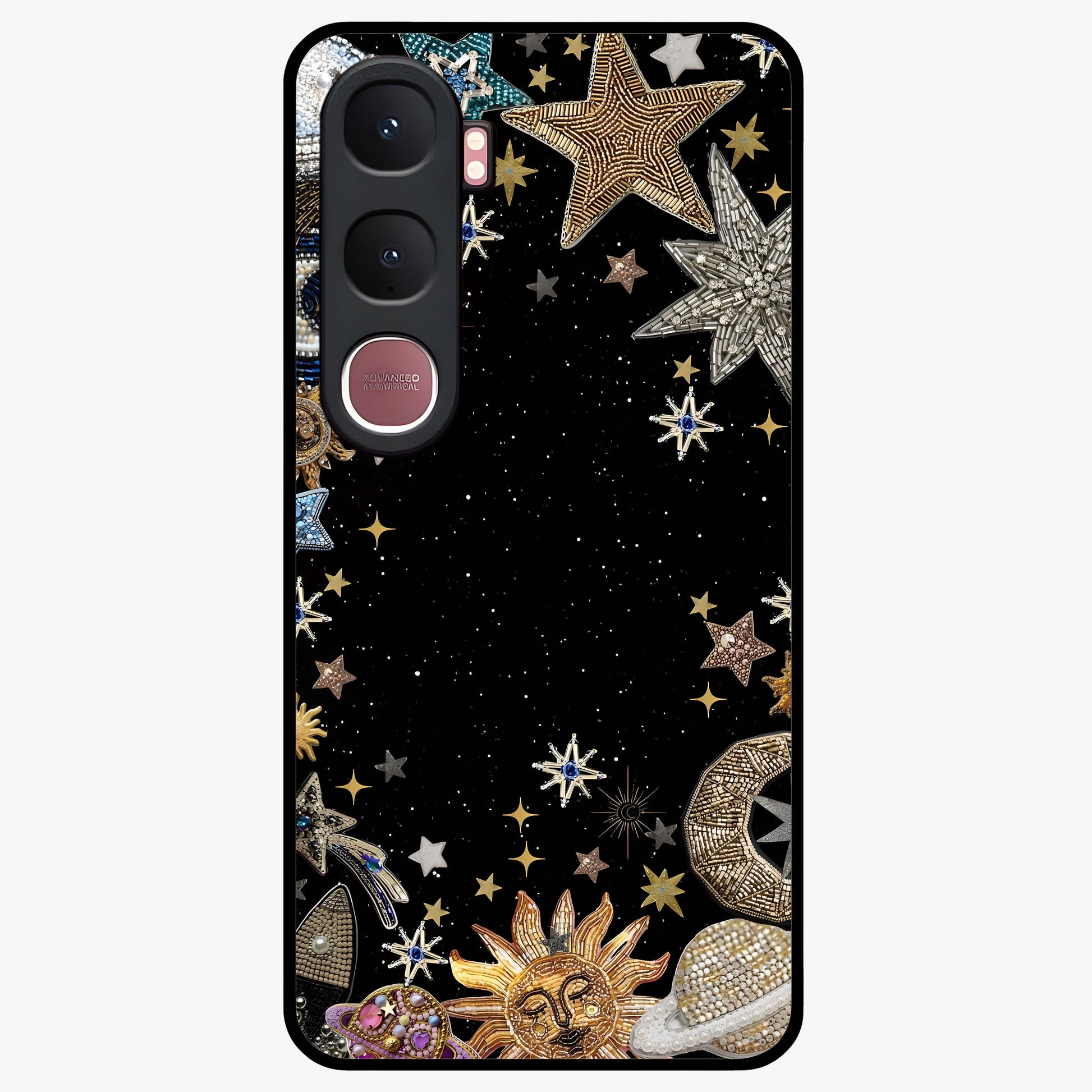 Galactic Jewel Stars Glass Case showing flat back view with sparkling star jewel artwork and glossy glass finish.