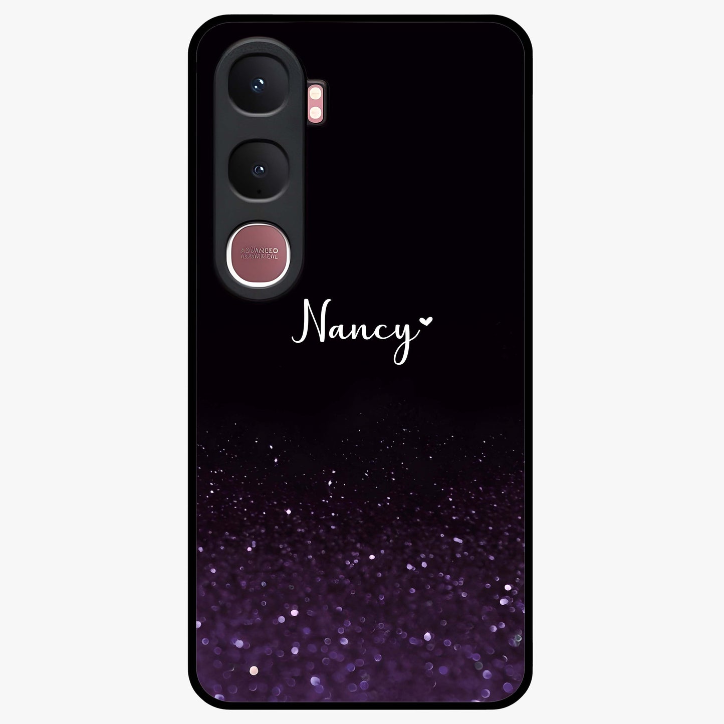 Glittery Purple Bokeh Custom Name Glass Case showing flat back view with purple bokeh sparkle artwork and personalized name design.