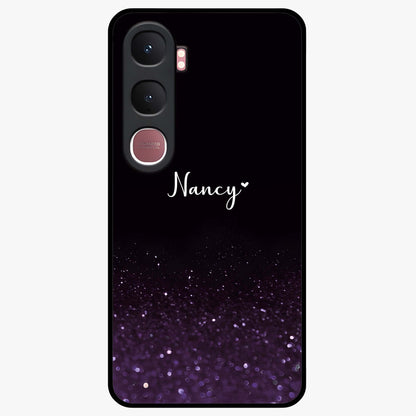 Glittery Purple Bokeh Custom Name Glass Case showing flat back view with purple bokeh sparkle artwork and personalized name design.