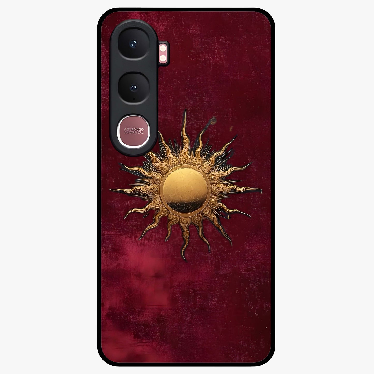 Gold Sun Blush Glass Case showing flat back view with golden sun inspired artwork and glossy glass finish.