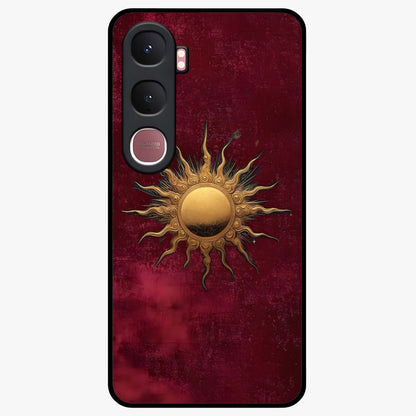 Gold Sun Blush Glass Case showing flat back view with golden sun inspired artwork and glossy glass finish.