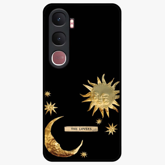 Golden Celestial Charm Glass Case showing flat back view with golden celestial charm artwork and glossy glass finish.