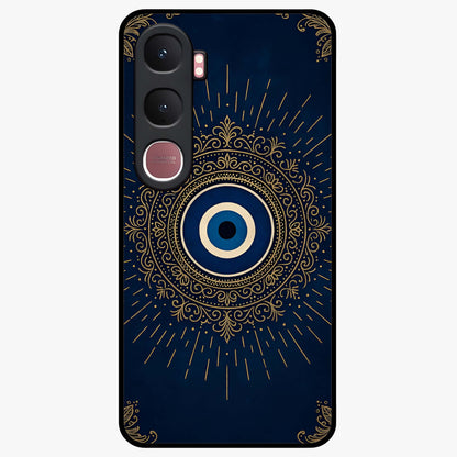Golden Evil Eye Mandala Glass Case showing flat back view with intricate evil eye mandala artwork and glossy glass finish.