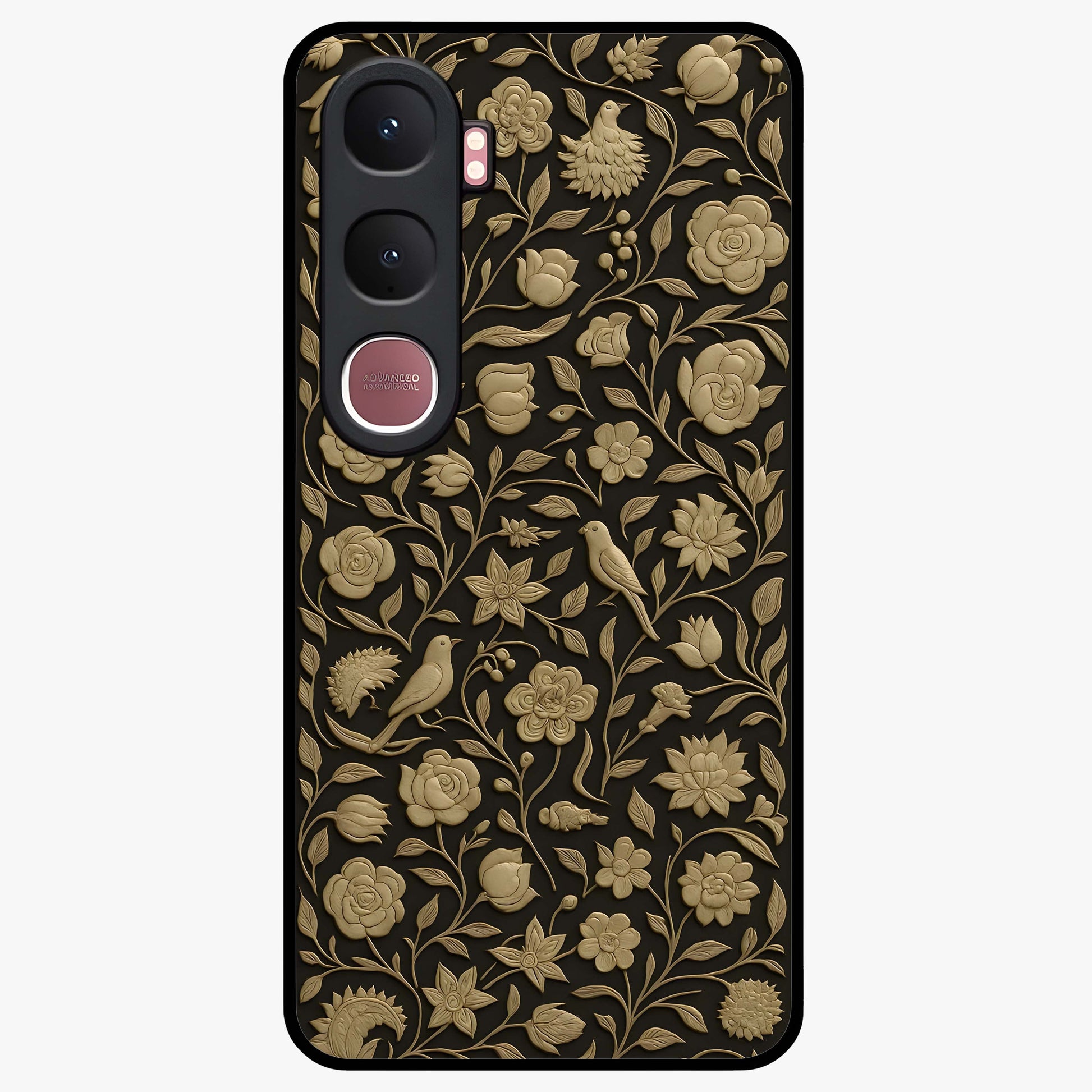 Golden Floral Majesty Glass Case showing flat back view with luxurious golden floral artwork and glossy glass finish.