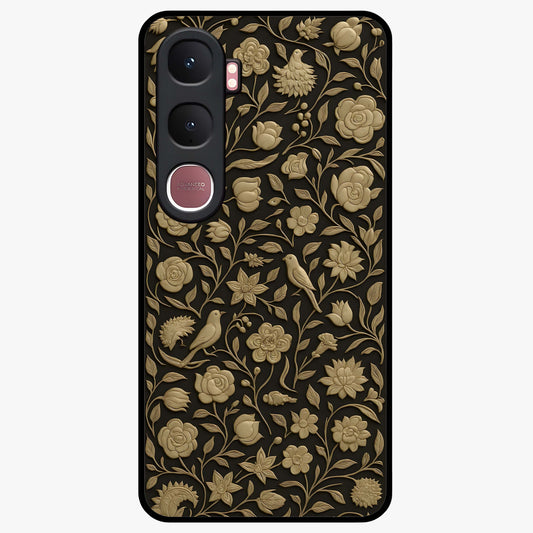 Golden Floral Majesty Glass Case showing flat back view with luxurious golden floral artwork and glossy glass finish.