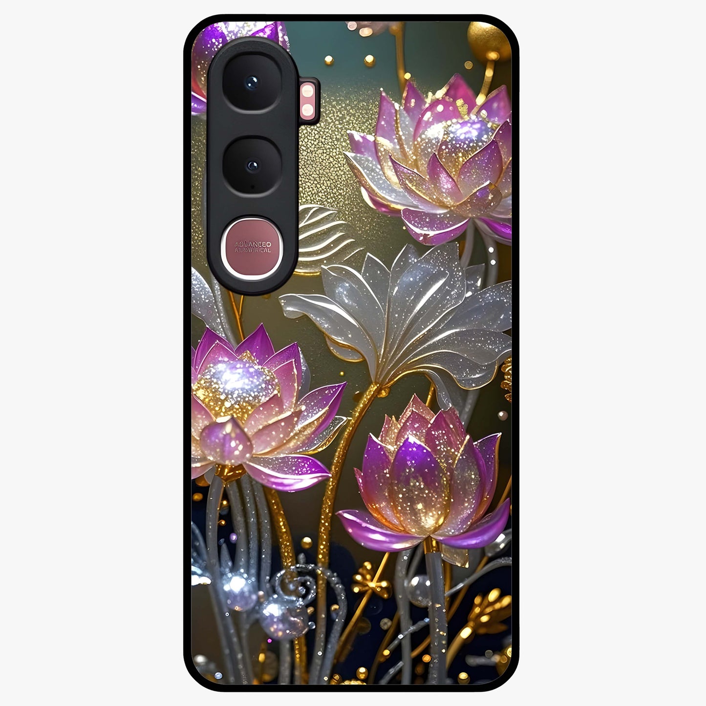 Golden Lotus Glow Glass Case showing flat back view with glowing lotus flower artwork and glossy glass finish.