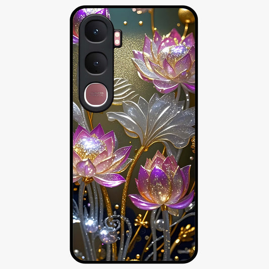 Golden Lotus Glow Glass Case showing flat back view with glowing lotus flower artwork and glossy glass finish.