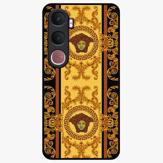 Golden Royal Heritage Glass Case showing flat back view with ornate royal pattern artwork and glossy glass finish.