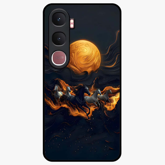 Golden Stallion Moonride Glass Case showing flat back view with majestic horse under moonlight artwork and glossy glass finish.