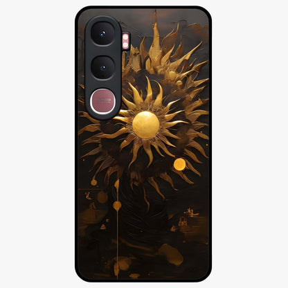 Golden Sun Majesty Glass Case showing flat back view with radiant golden sun artwork and glossy glass finish.