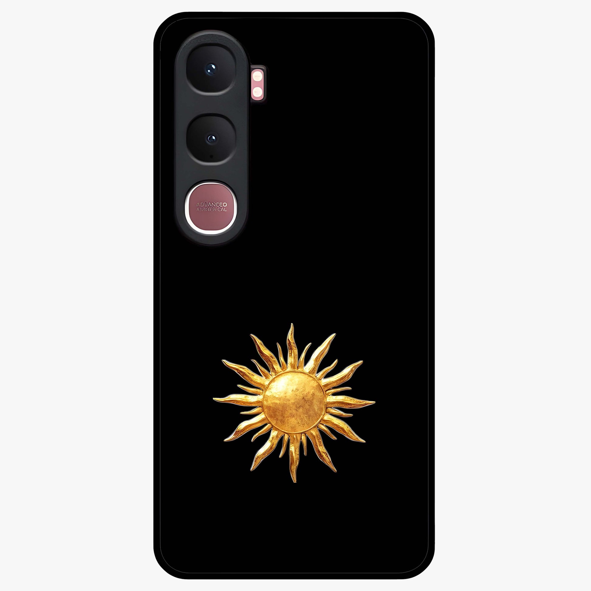 Golden Sun Minimalism Glass Case showing flat back view with minimal golden sun artwork and glossy glass finish.