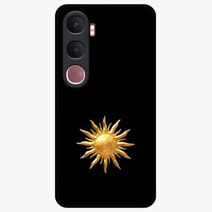 Golden Sun Minimalism Glass Case showing flat back view with minimal golden sun artwork and glossy glass finish.