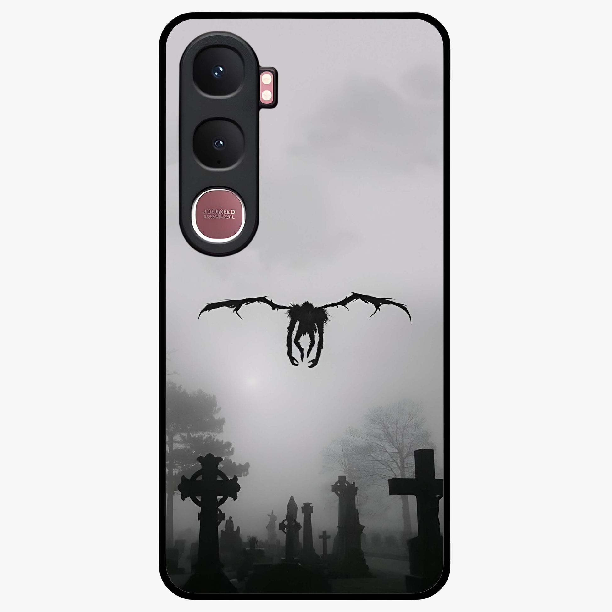 Graveyard Shadow Descent Glass Case showing flat back view with dark graveyard themed artwork and glossy glass finish.