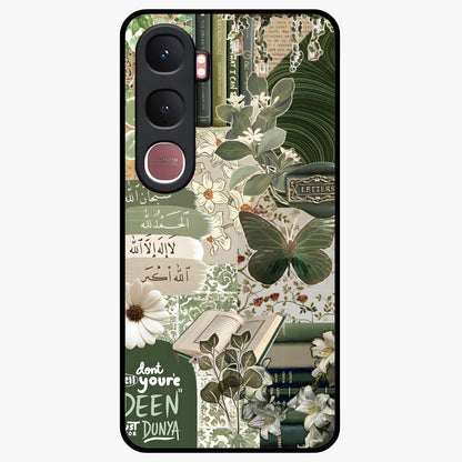 Green Islamic Books Quotes Glass Case showing flat back view with Islamic quotes and book themed artwork and glossy glass finish.