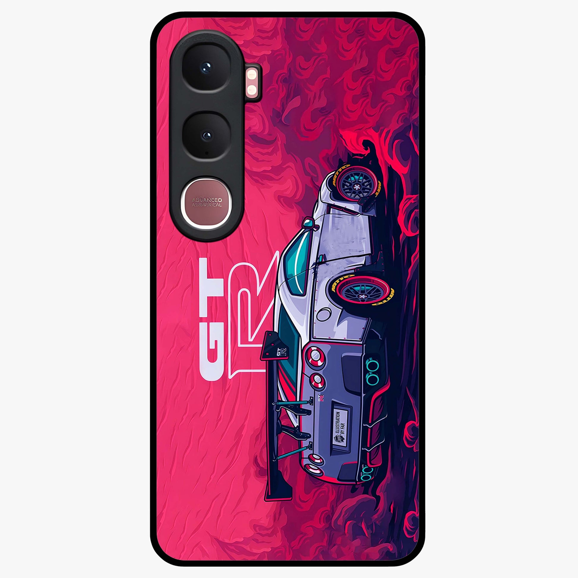 GT-R Car Pattern Glass Case showing flat back view with sporty car inspired pattern artwork and glossy glass finish.