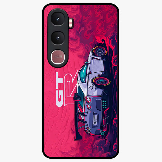 GT-R Car Pattern Glass Case showing flat back view with sporty car inspired pattern artwork and glossy glass finish.