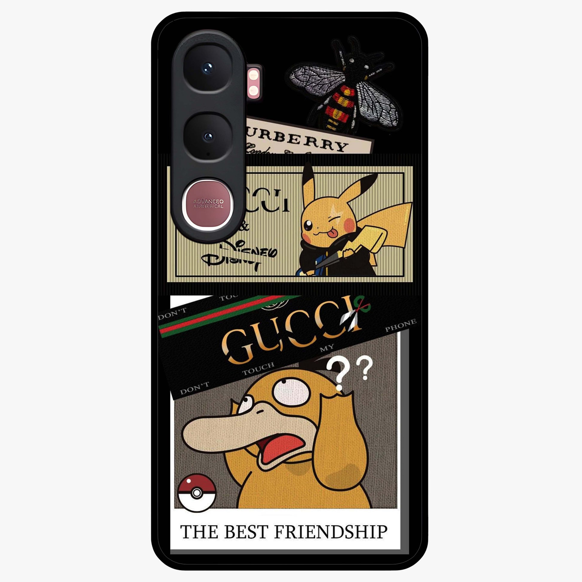 Gucci Play Mashup Glass Case showing flat back view with luxury inspired graphic artwork and glossy glass finish.