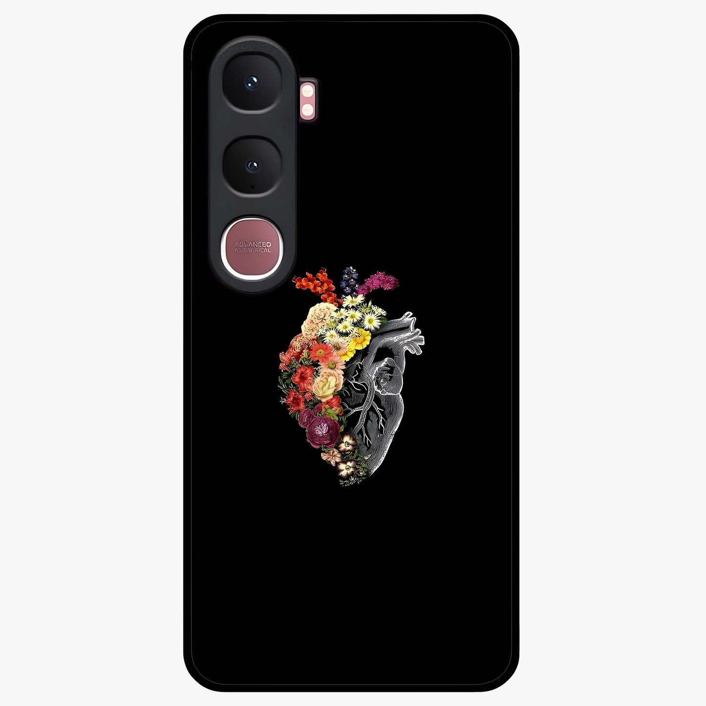 Heart With Flowers Glass Case showing flat back view with heart shaped floral artwork and glossy glass finish.
