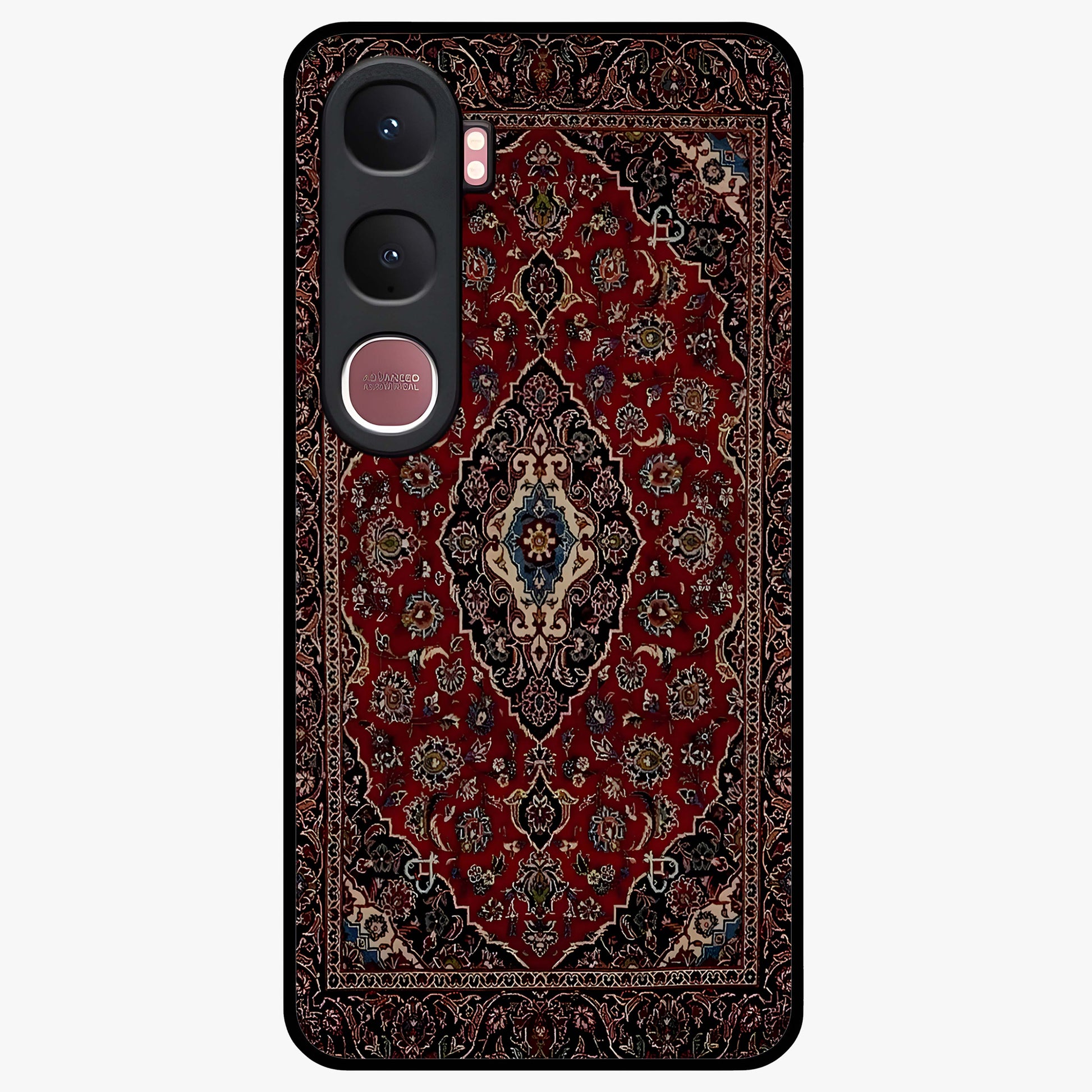 Heritage Carpet Royale Glass Case showing flat back view with ornate Persian carpet inspired pattern and glossy glass finish.