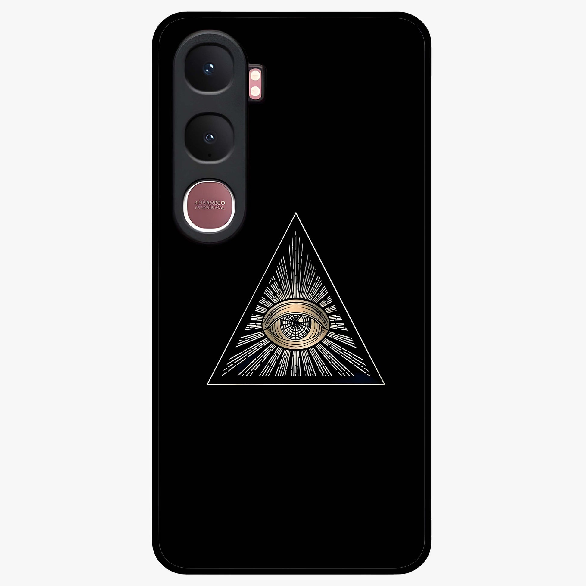 Illuminati Evil Glass Case showing flat back view with mysterious illuminati symbol artwork and glossy glass finish.