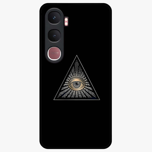 Illuminati Evil Glass Case showing flat back view with mysterious illuminati symbol artwork and glossy glass finish.