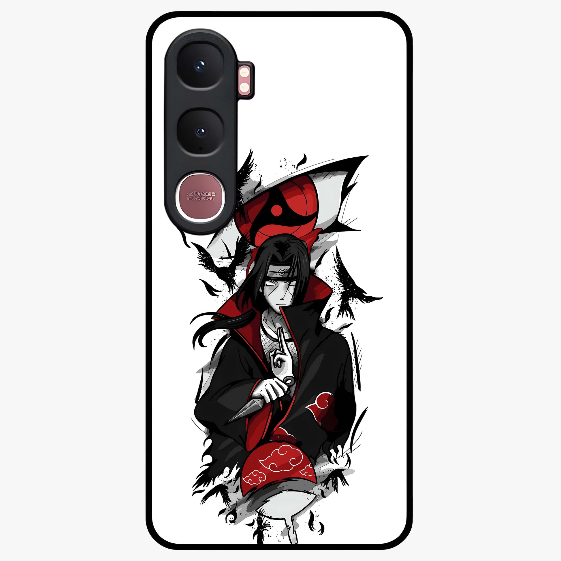Itachi Sharingan Glass Case showing flat back view with powerful anime eye artwork and glossy glass finish.