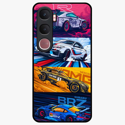 JDM Sports Car Glass Case showing flat back view with high performance sports car artwork and glossy glass finish.