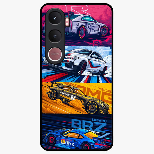 JDM Sports Car Glass Case showing flat back view with high performance sports car artwork and glossy glass finish.