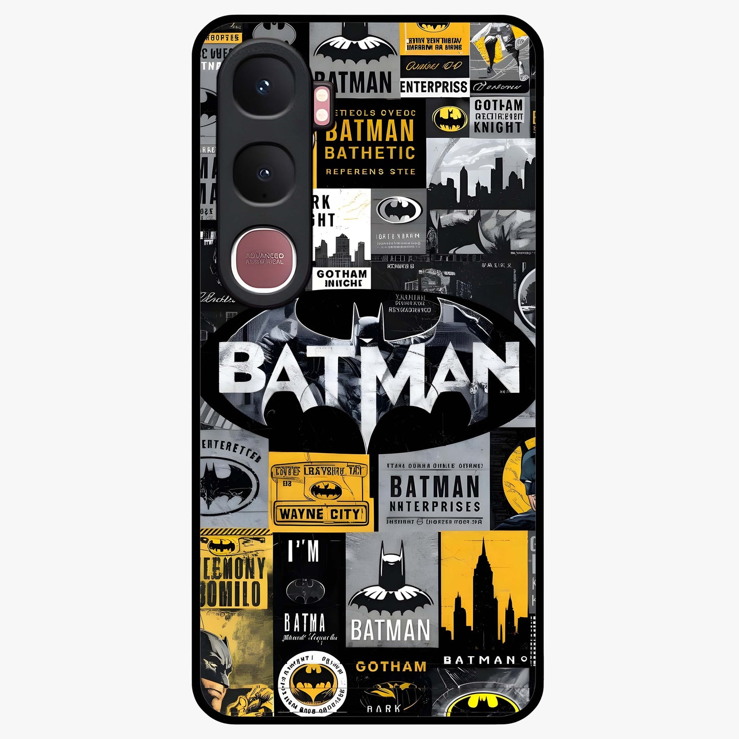 Knight Gotham Rise Glass Case showing flat back view with dark hero inspired artwork and glossy glass finish.