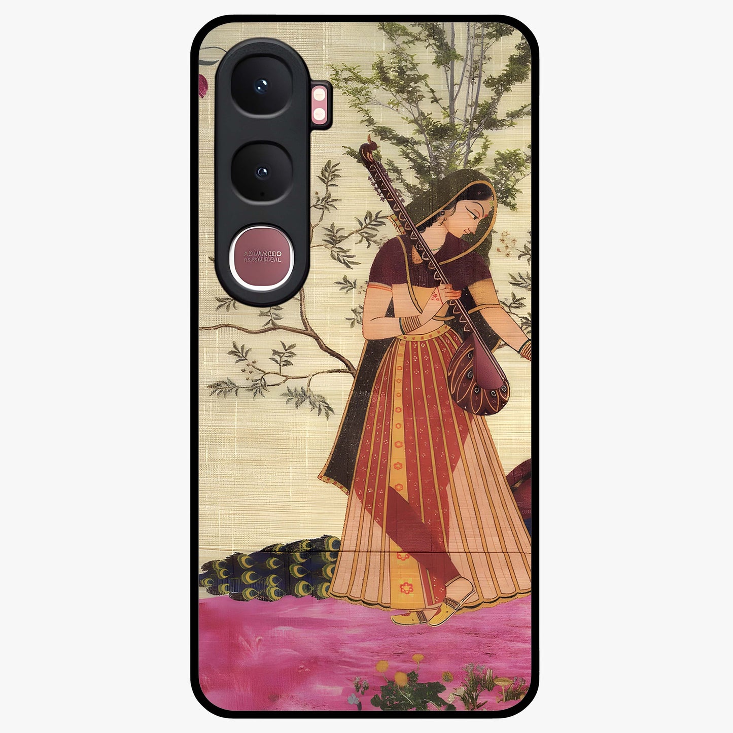 Lady With Veena Art Glass Case showing flat back view with elegant woman playing veena artwork and glossy glass finish.