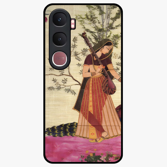 Lady With Veena Art Glass Case showing flat back view with elegant woman playing veena artwork and glossy glass finish.