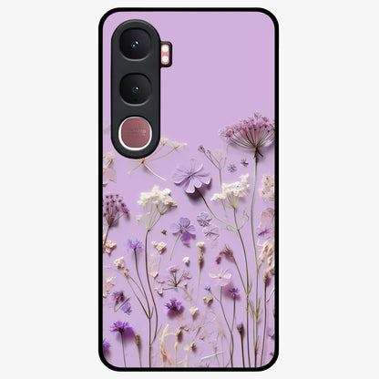 Lavender Blossom Dream Glass Case showing flat back view with soft lavender floral artwork and glossy glass finish.