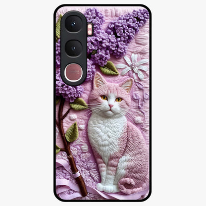 Lavender Cat Whimsy Glass Case showing flat back view with cute lavender cat artwork and glossy glass finish.