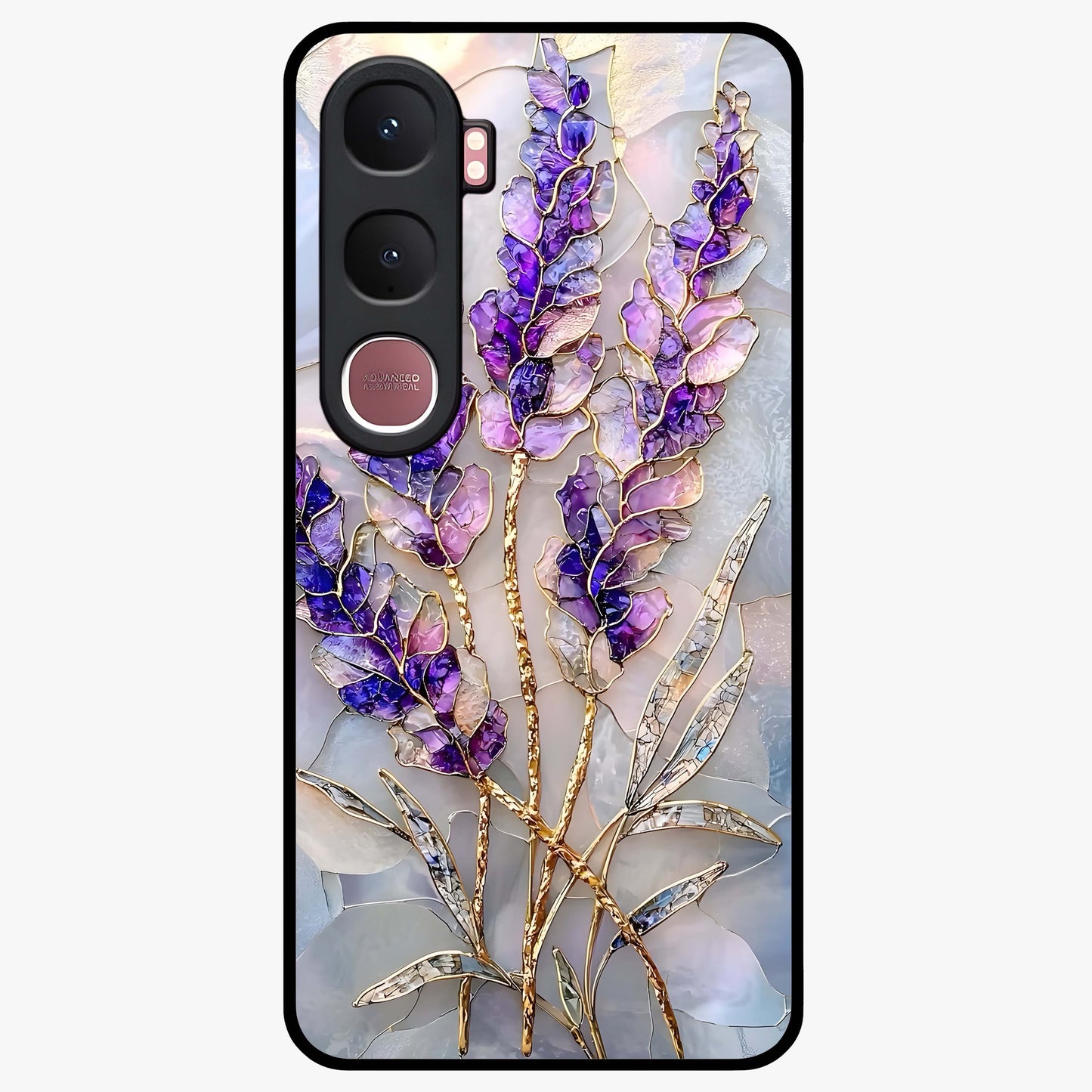 Lavender Dream Glow Glass Case showing flat back view with glowing lavender aesthetic artwork and glossy glass finish.